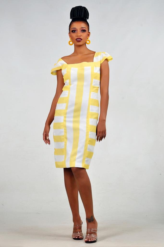 Midi dress with white and yellow stripes